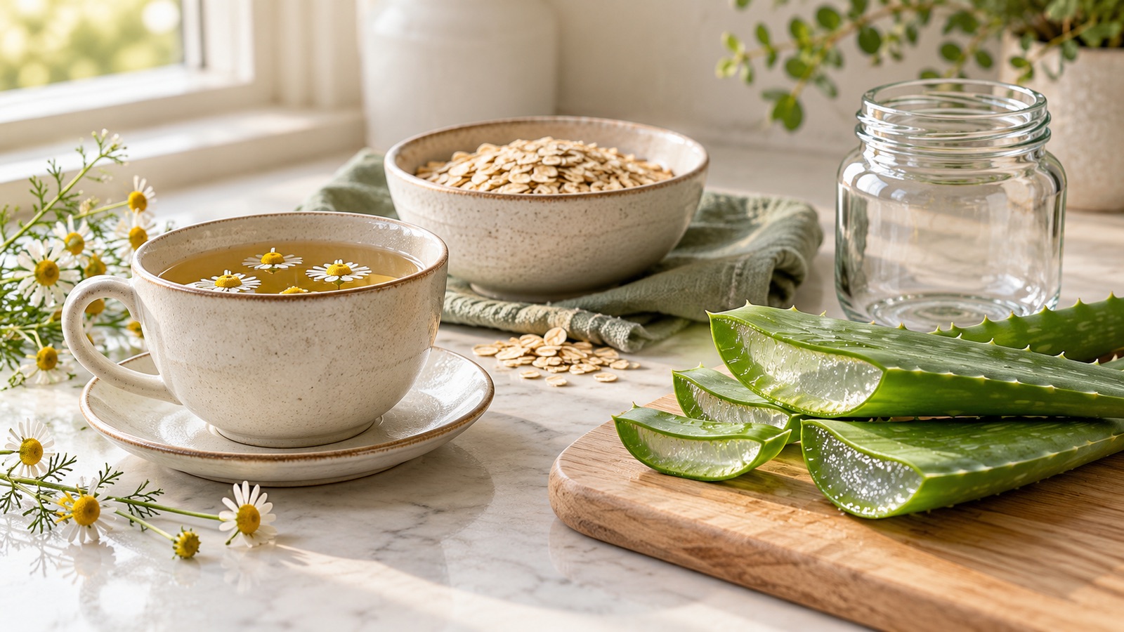 Bacia esmaltada com água morna e flores de camomila, ao lado de um copo de água e uma tigela de mamão