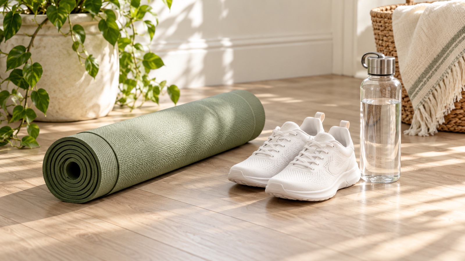 Par de tênis de corrida e garrafa de água sobre tapete de yoga claro num piso de madeira