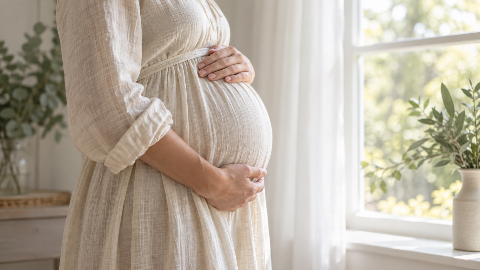 Gestante de vestido de linho com as mãos na barriga perto da janela
