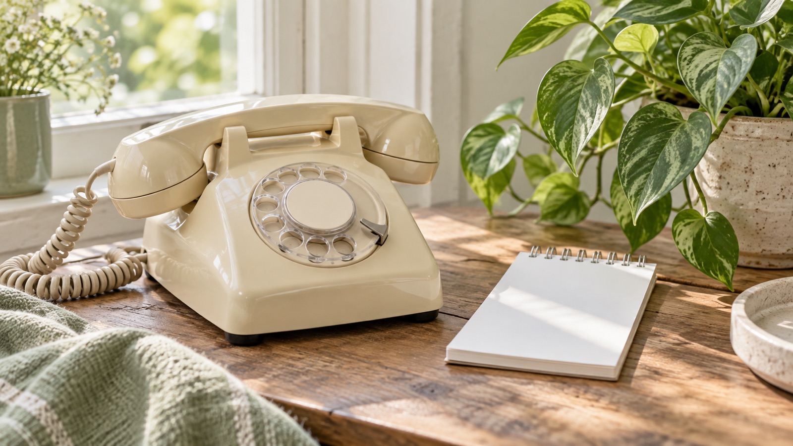 Telefone antigo creme e bloco de notas ao lado de uma planta