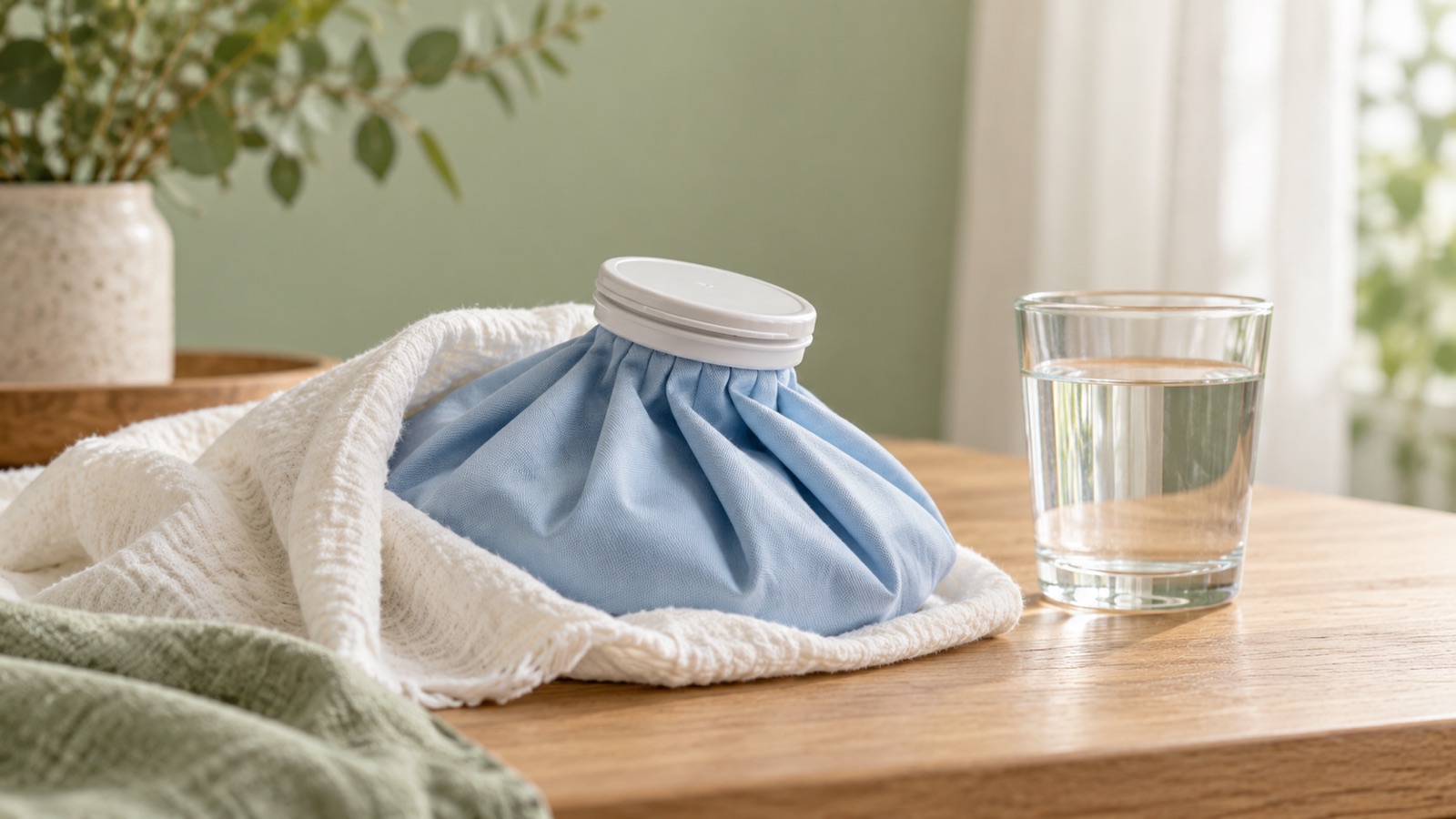 Bolsa de gel fria enrolada em pano branco sobre uma cama arrumada com lençol de linho claro
